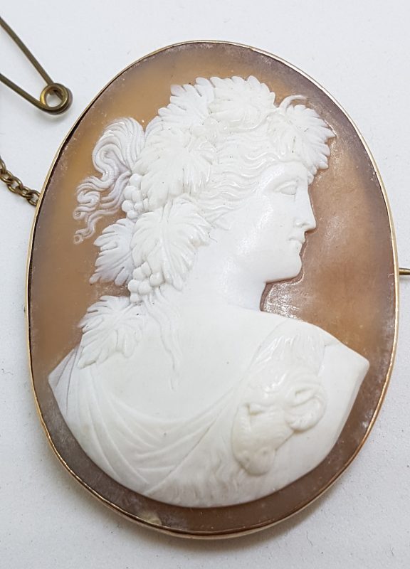 9ct Rose Gold Large Oval Lady Cameo Brooch - Antique / Vintage