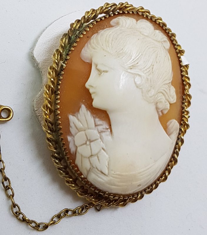 9ct Yellow Gold Twist Rim Oval Lady Cameo Brooch - Antique / Vintage