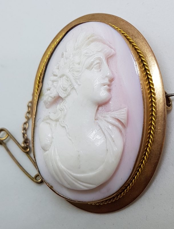 9ct Rose Gold Large Oval Lady Pink Cameo Brooch - Antique / Vintage