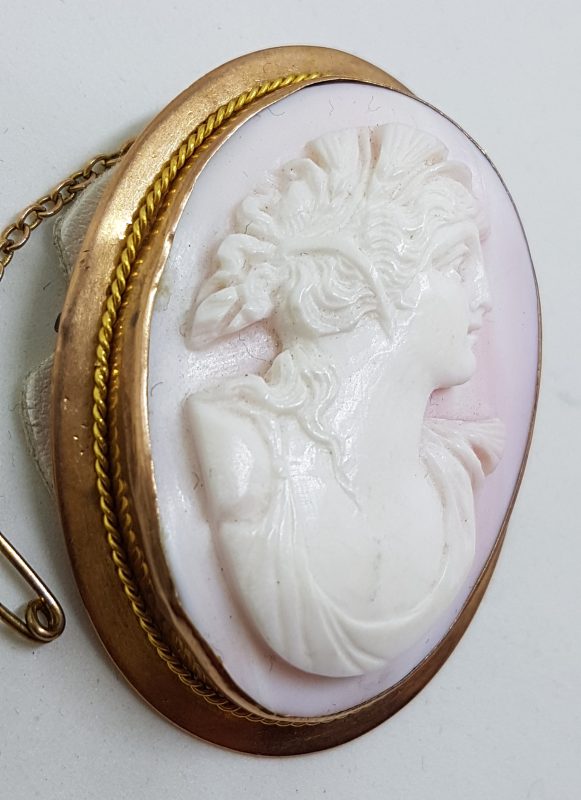 9ct Rose Gold Large Oval Lady Pink Cameo Brooch - Antique / Vintage