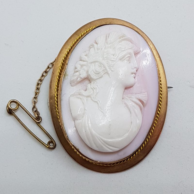 9ct Rose Gold Large Oval Lady Pink Cameo Brooch - Antique / Vintage