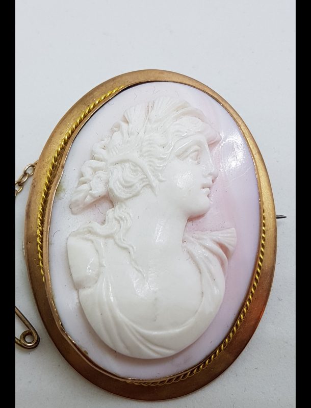 9ct Rose Gold Large Oval Lady Pink Cameo Brooch - Antique / Vintage