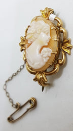 9ct Yellow Gold Ornate Design Oval Lady Cameo Brooch - Antique / Vintage