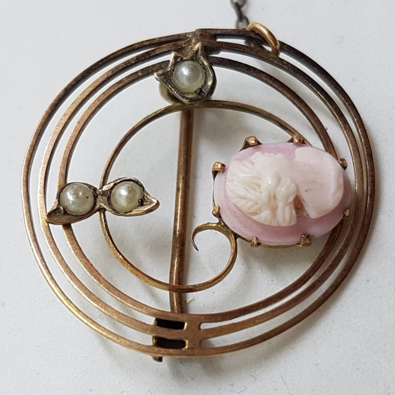 9ct Rose Gold Round Pink Cameo &amp; Seed Pearl Brooch - Antique / Vintage