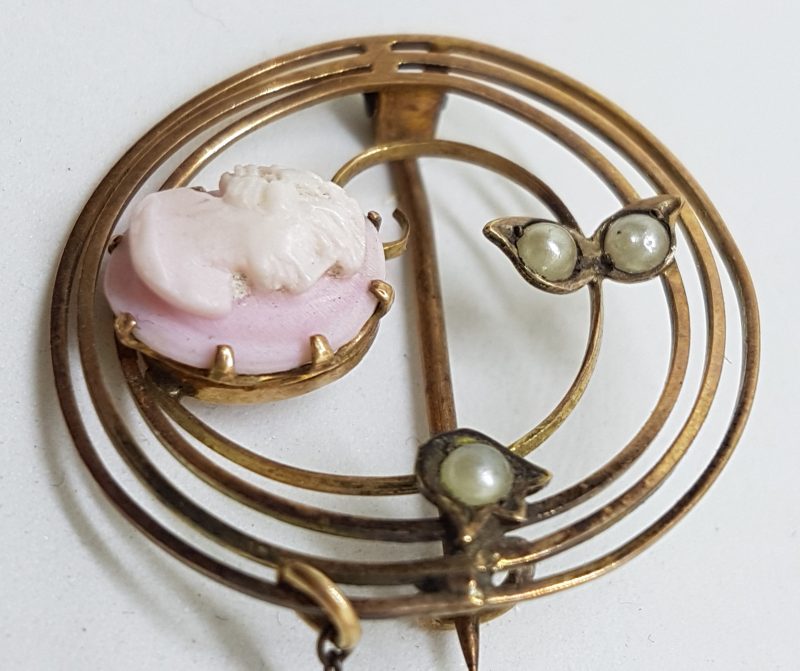9ct Rose Gold Round Pink Cameo &amp; Seed Pearl Brooch - Antique / Vintage