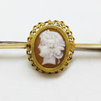 9ct Yellow Gold Oval Cameo Lady Head Bar Brooch - Antique / Vintage