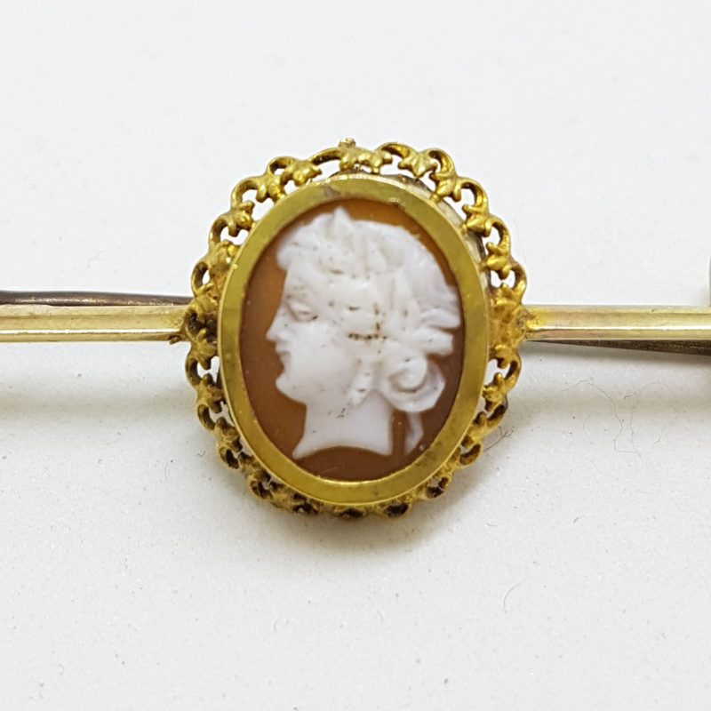 9ct Yellow Gold Oval Cameo Lady Head Bar Brooch - Antique / Vintage