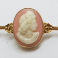9ct Yellow Gold Ornate Oval Pink Cameo Lady Head Bar Brooch