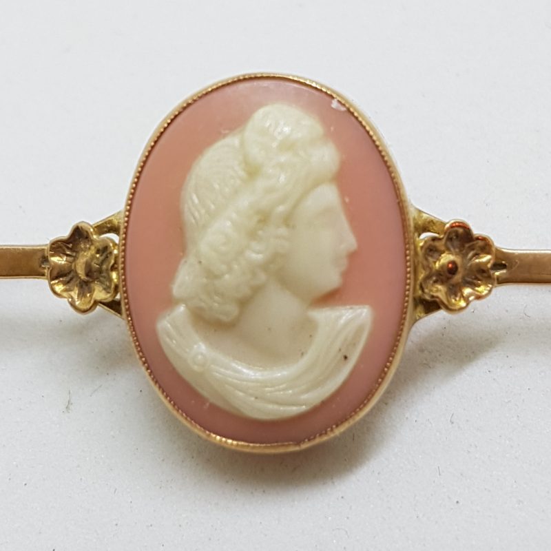 9ct Yellow Gold Ornate Oval Pink Cameo Lady Head Bar Brooch