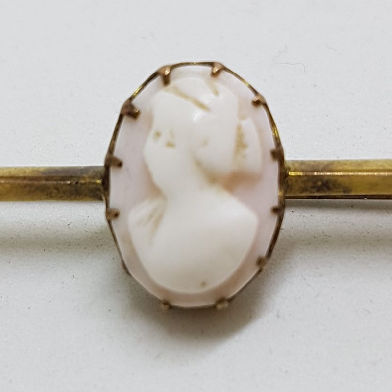 9ct Yellow Gold Oval Pink Cameo Lady Head Bar Brooch