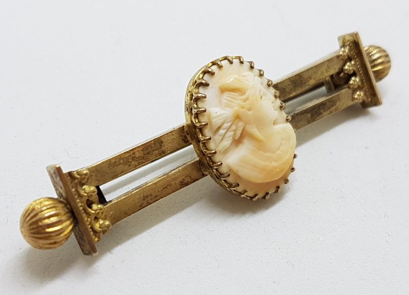 15ct Yellow Gold Oval Cameo Lady Head Bar Brooch - Antique / Vintage