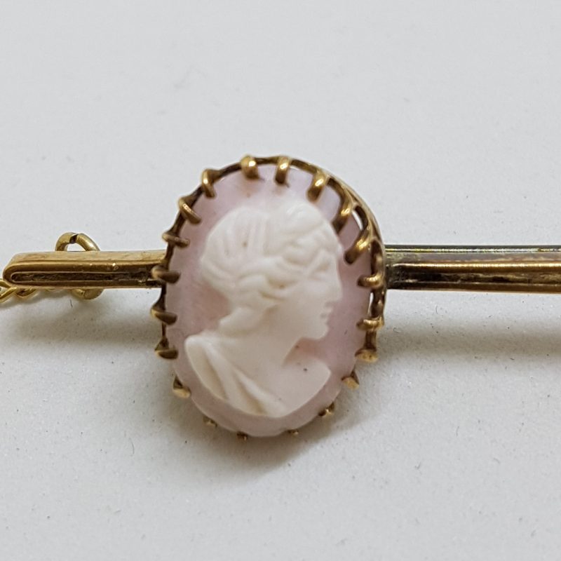 15ct Yellow Gold Oval Cameo Lady Head Bar Brooch - Antique / Vintage