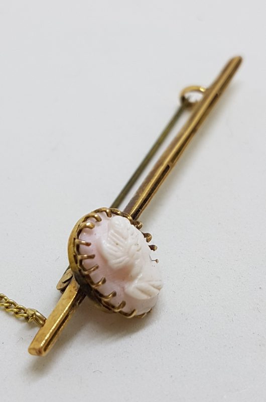 15ct Yellow Gold Oval Cameo Lady Head Bar Brooch - Antique / Vintage