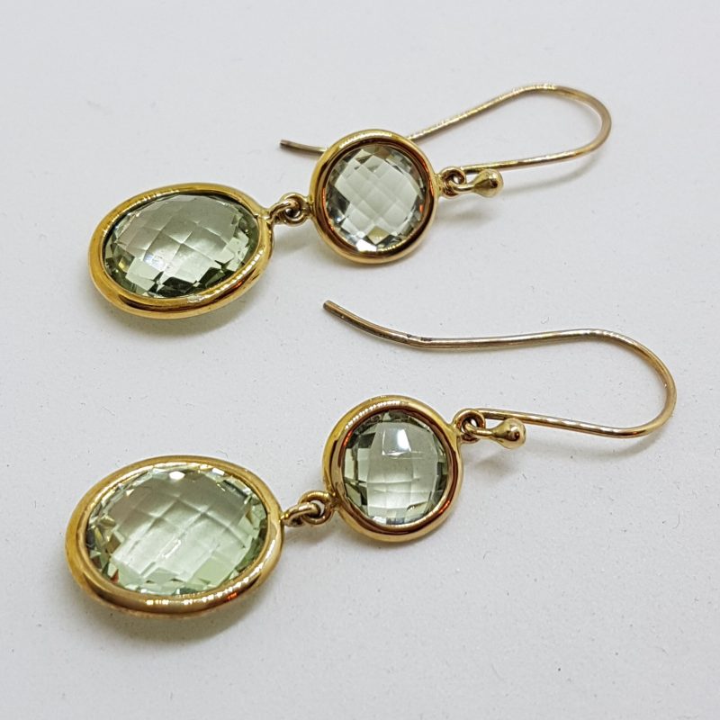 9ct Yellow Gold Green Amethyst / Prasiolite Long Round &amp; Oval Drop Earrings