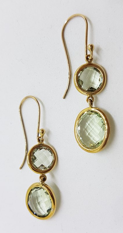 9ct Yellow Gold Green Amethyst / Prasiolite Long Round &amp; Oval Drop Earrings