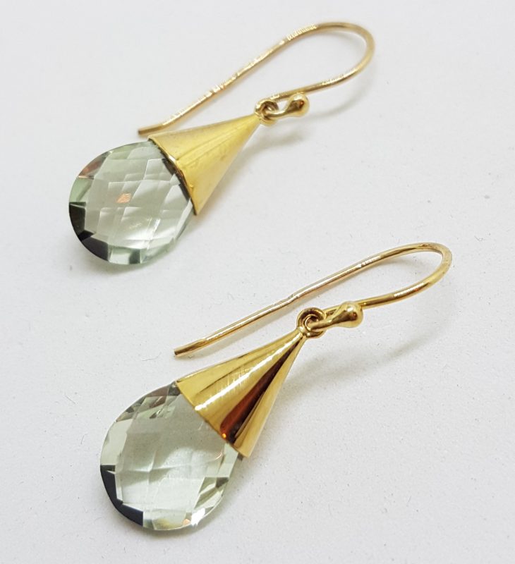 9ct Yellow Gold Green Amethyst / Prasiolite Cone Shape Drop Earrings