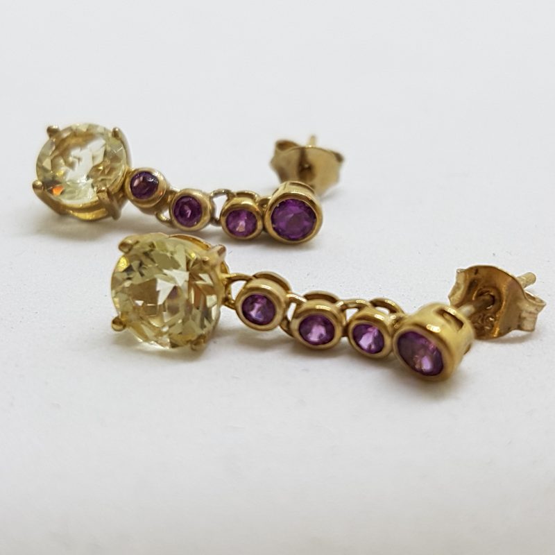9ct Yellow Gold Rhodolite Garnet and Lemon Citrine Drop Earrings