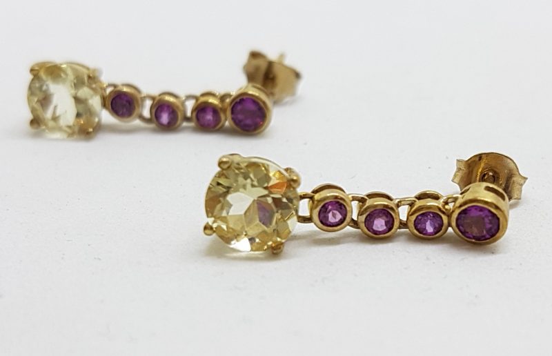 9ct Yellow Gold Rhodolite Garnet and Lemon Citrine Drop Earrings