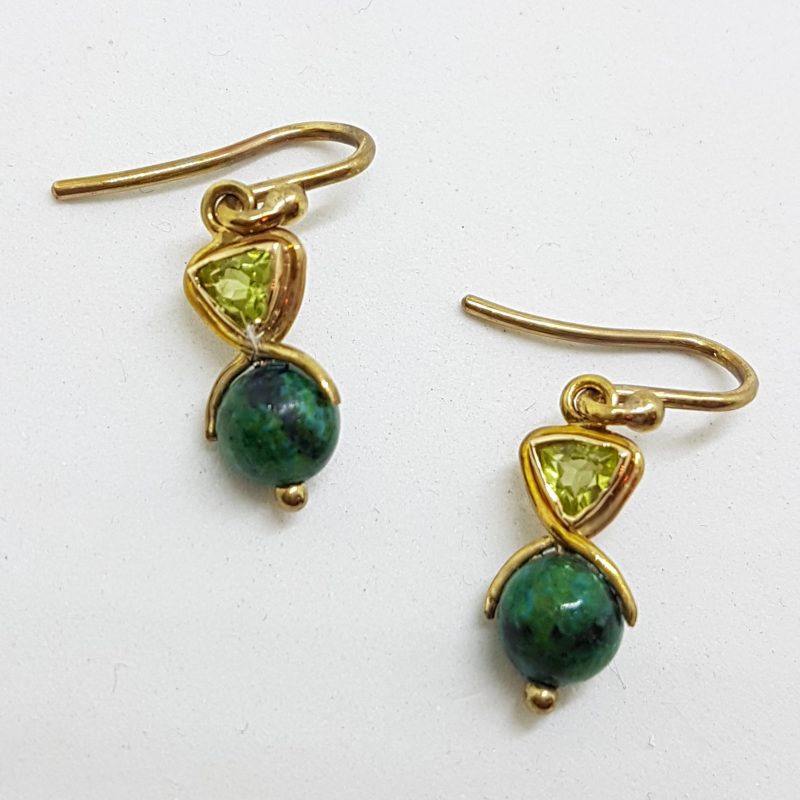 9ct Yellow Gold Peridot &amp; Malachite Ball Drop Earrings - Handmade