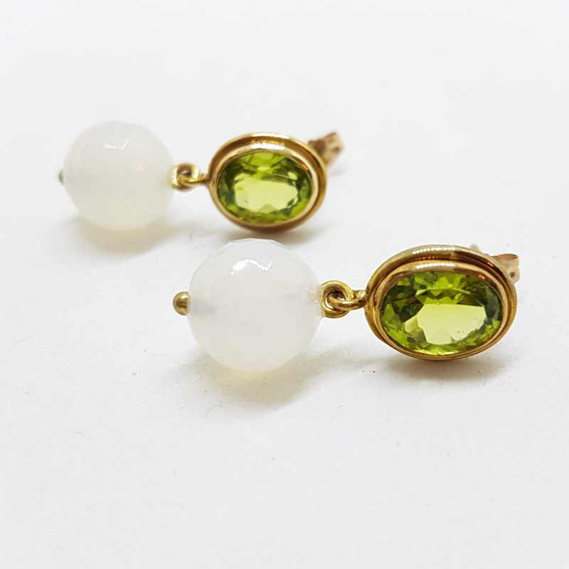 9ct Yellow Gold Peridot &amp; Moonstone Ball Drop Earrings - Handmade