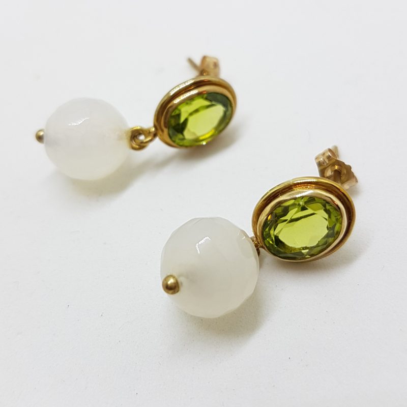 9ct Yellow Gold Peridot &amp; Moonstone Ball Drop Earrings - Handmade