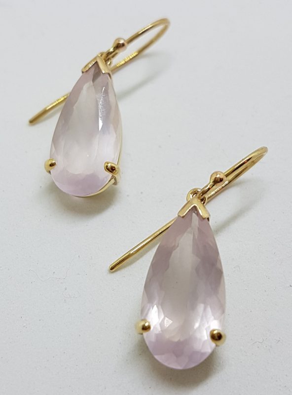 9ct Yellow Gold Faceted Rose Quartz Teardrop Shape Drop Earrings