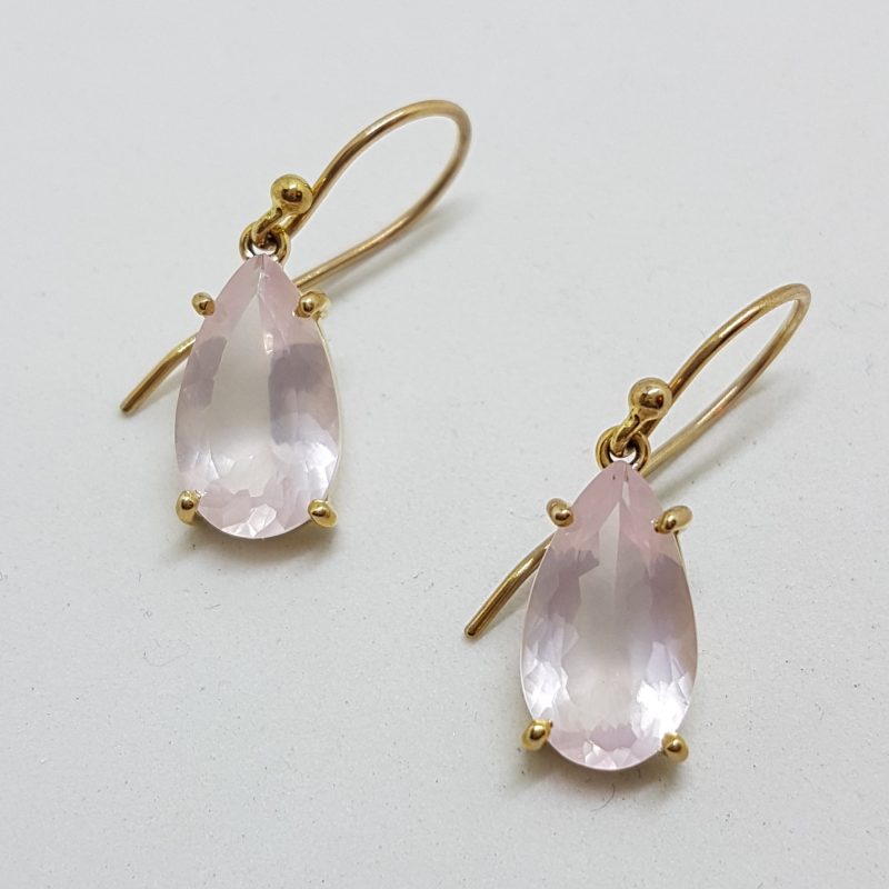 9ct Yellow Gold Faceted Rose Quartz Teardrop Shape Drop Earrings