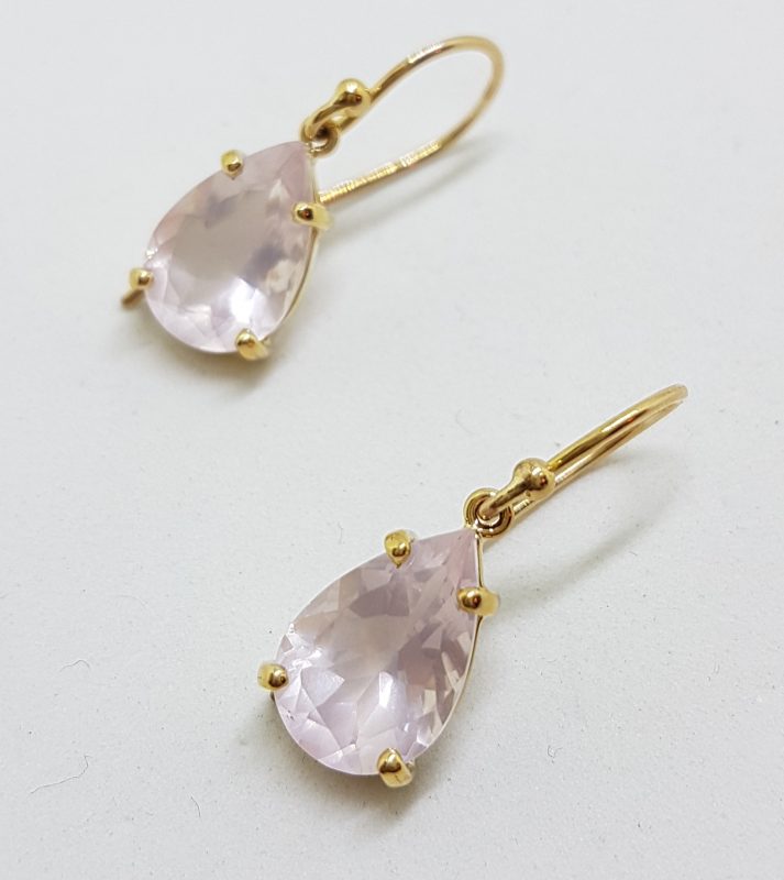 9ct Yellow Gold Faceted Rose Quartz Teardrop Shape Drop Earrings