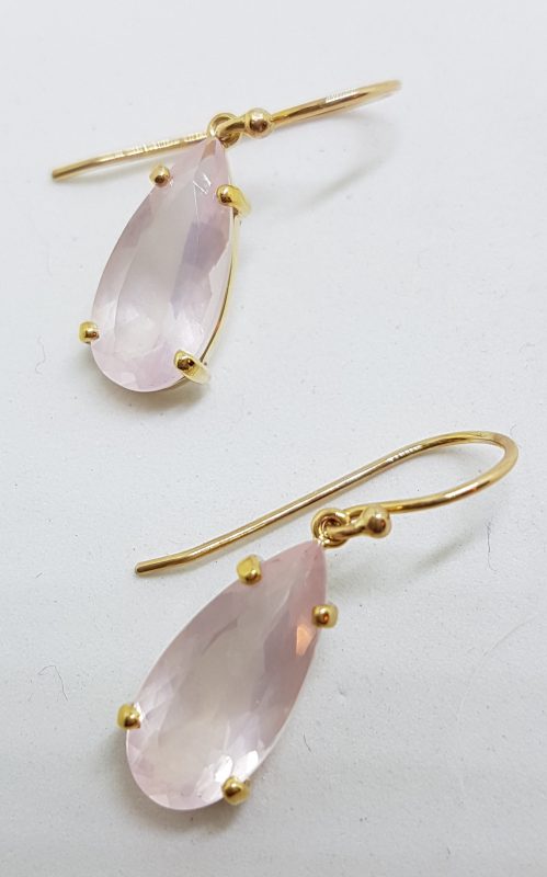 9ct Yellow Gold Faceted Rose Quartz Teardrop Shape Drop Earrings