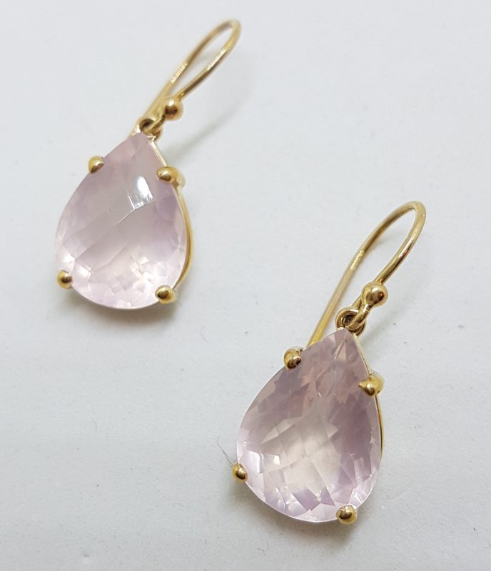 9ct Yellow Gold Faceted Rose Quartz Teardrop Shape Drop Earrings