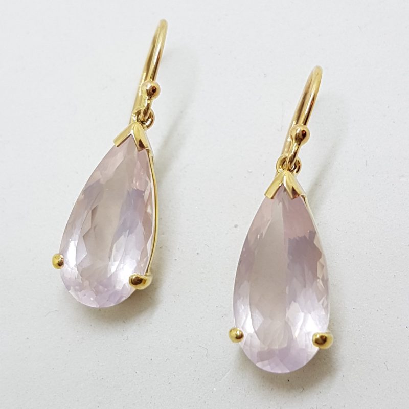 9ct Yellow Gold Faceted Rose Quartz Teardrop Shape Drop Earrings
