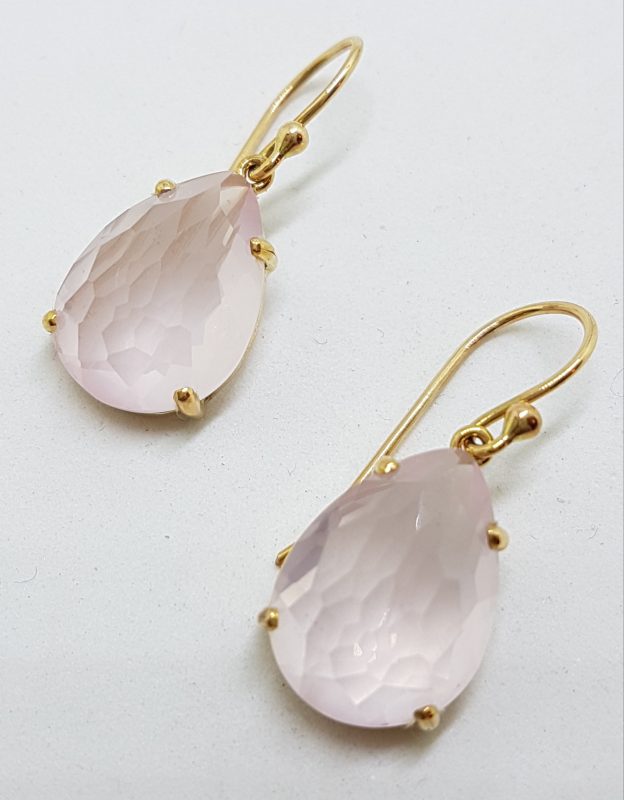 9ct Yellow Gold Faceted Rose Quartz Teardrop Shape Drop Earrings