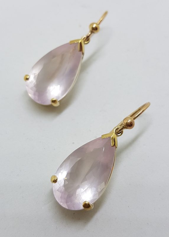 9ct Yellow Gold Faceted Rose Quartz Teardrop Shape Drop Earrings
