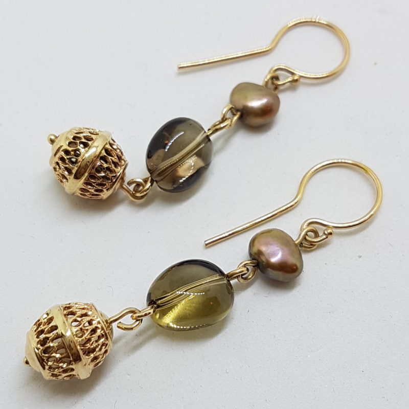 9ct Yellow Gold Smokey Quartz &amp; Pearl Long Drop Earrings
