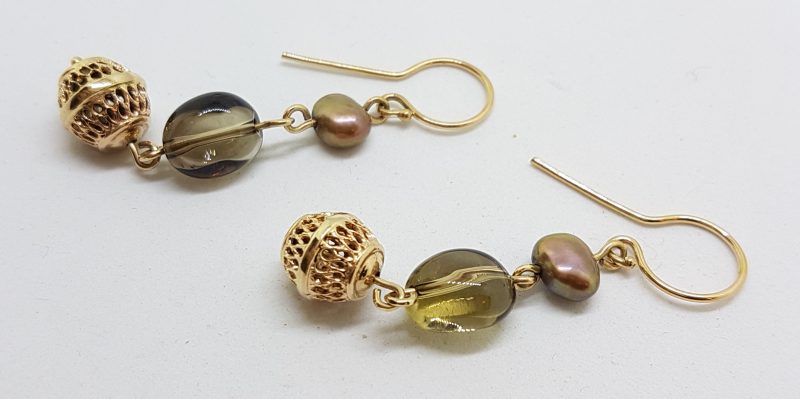 9ct Yellow Gold Smokey Quartz &amp; Pearl Long Drop Earrings
