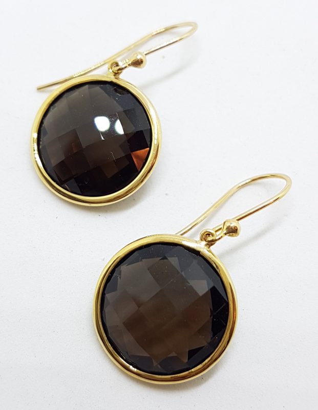 9ct Yellow Gold Large Round Smokey Quartz Drop Earrings