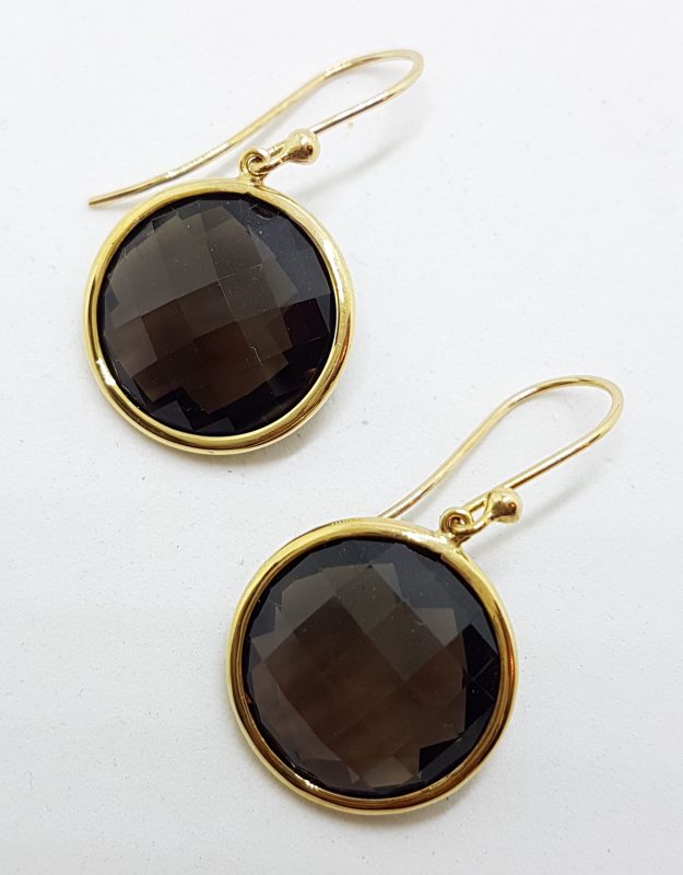9ct Yellow Gold Large Round Smokey Quartz Drop Earrings
