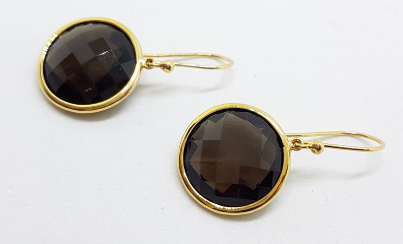 9ct Yellow Gold Large Round Smokey Quartz Drop Earrings