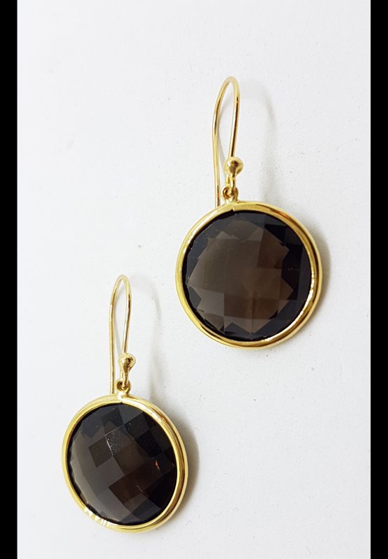 9ct Yellow Gold Large Round Smokey Quartz Drop Earrings