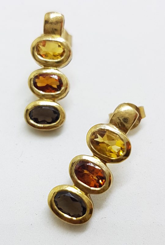 9ct Yellow Gold Citrine &amp; Smokey Quartz Studs / Earrings