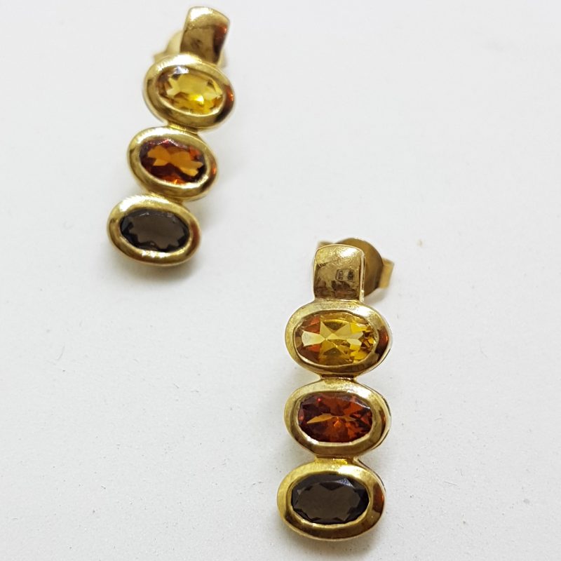 9ct Yellow Gold Citrine &amp; Smokey Quartz Studs / Earrings