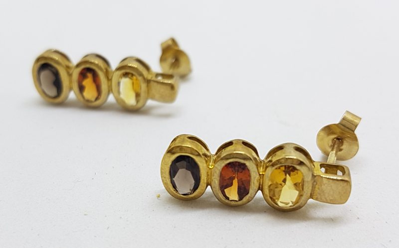 9ct Yellow Gold Citrine &amp; Smokey Quartz Studs / Earrings