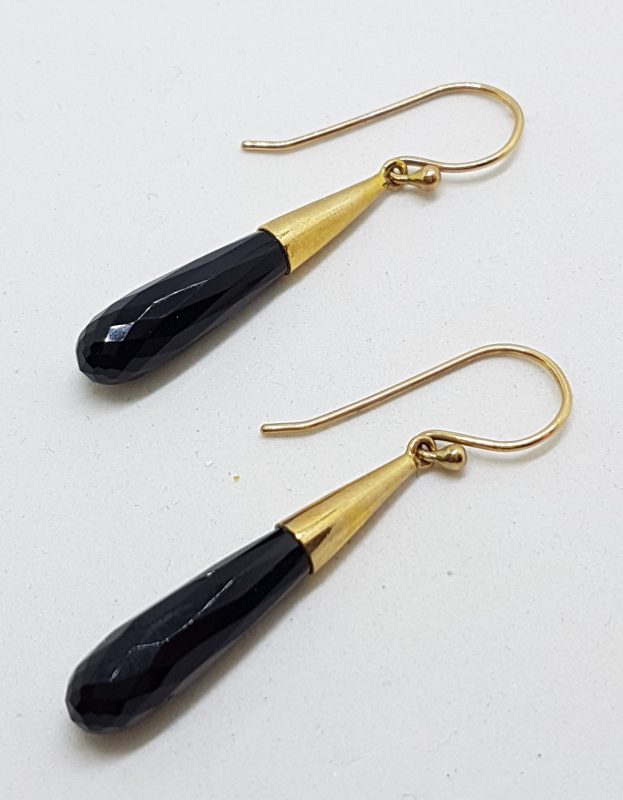 9ct Yellow Gold Black Onyx Long Cone Drop Earrings