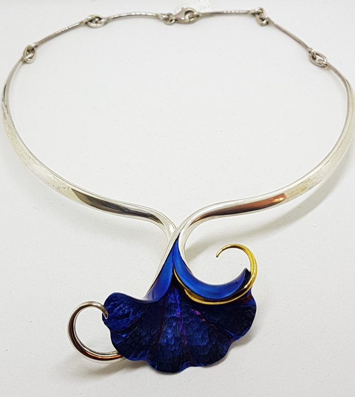 Sterling Silver Vibrant Blue Titanium Large Flower Choker Necklace