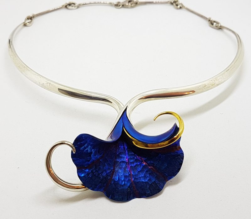Sterling Silver Vibrant Blue Titanium Large Flower Choker Necklace