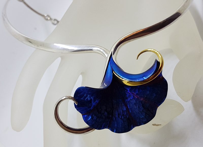 Sterling Silver Vibrant Blue Titanium Large Flower Choker Necklace