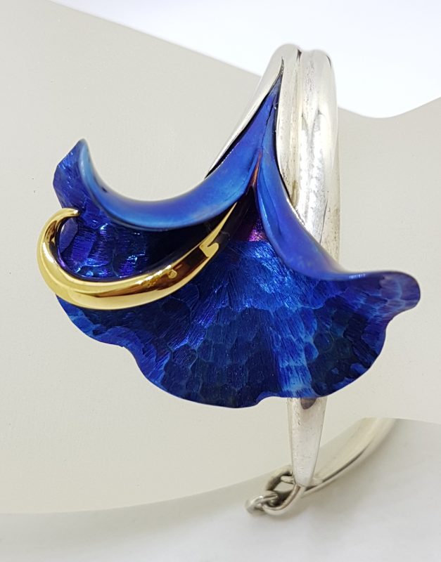 Sterling Silver Titanium Blue Flower Bangle