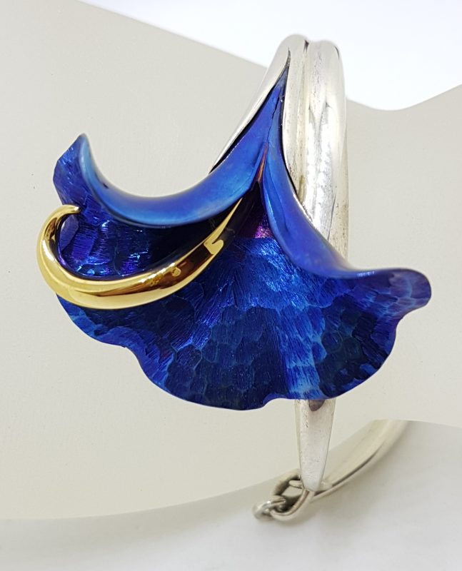 Sterling Silver Titanium Blue Flower Bangle