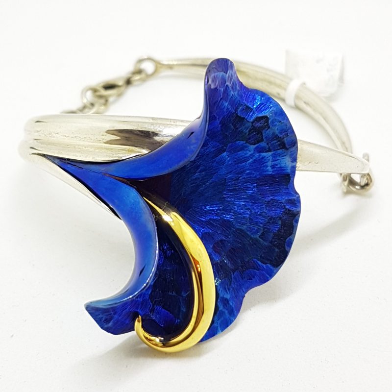 Sterling Silver Titanium Blue Flower Bangle