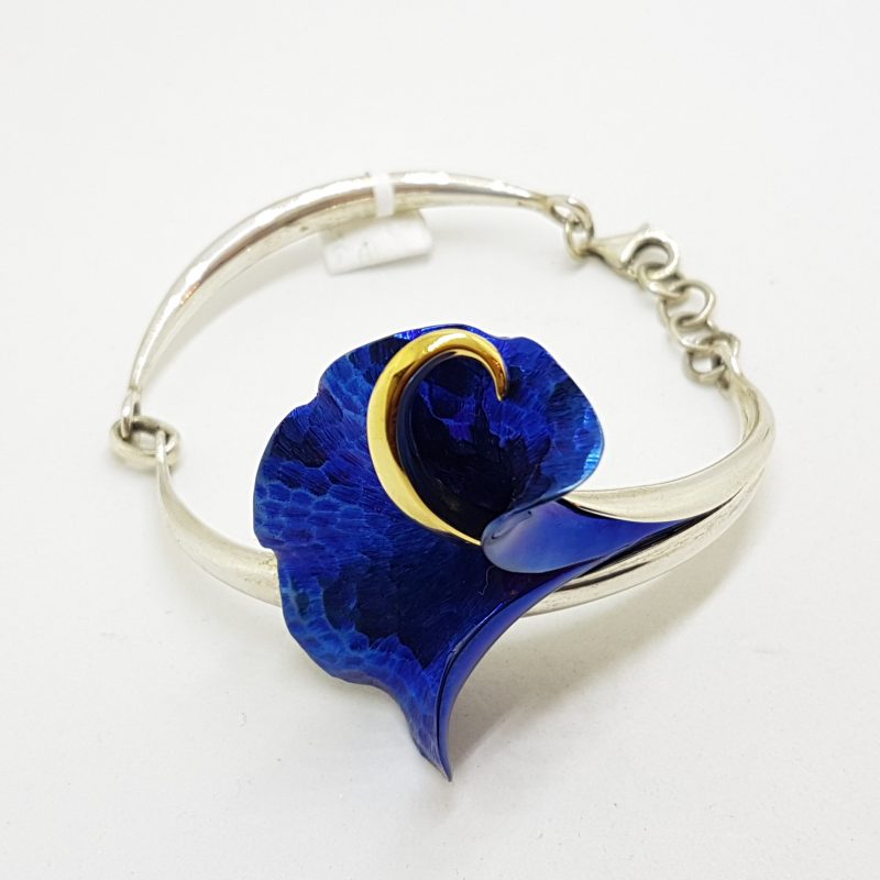 Sterling Silver Titanium Blue Flower Bangle